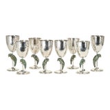Vintage Set of Eight Silver on Copper Goblets or Stemware With Parrots For Sale
