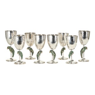 Vintage Set of Eight Silver on Copper Goblets or Stemware With Parrots For Sale