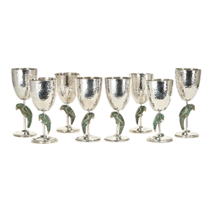 Vintage Set of Eight Silver on Copper Goblets or Stemware With Parrots