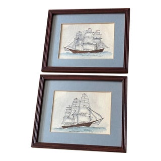 Original 1979 Pair of Nautical Clipper Ship Paintings in Pen, Ink, & Watercolor For Sale