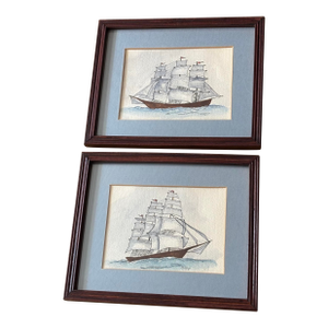 Original 1979 Pair of Nautical Clipper Ship Paintings in Pen, Ink, & Watercolor