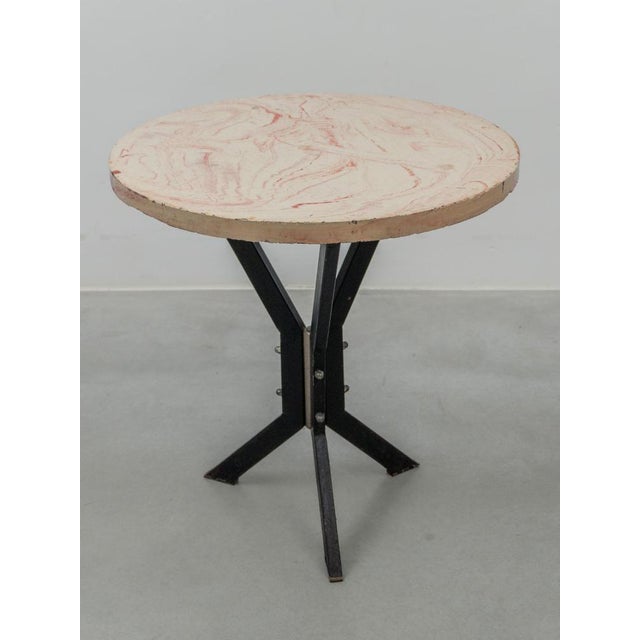 These antique French bistro or café tables, Art Deco circa 1930, combine a beautiful veined stone top with a wooden base...