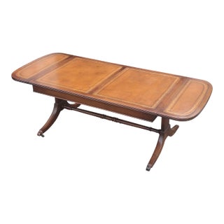 Mid 20th Century Vintage Drop Leaf Leather Table Top Federal Style Coffee Table With Drawer For Sale