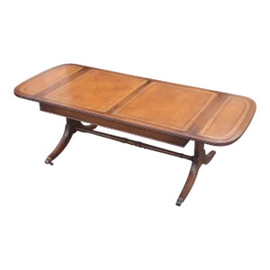 Mid 20th Century Vintage Drop Leaf Leather Table Top Federal Style Coffee Table With Drawer