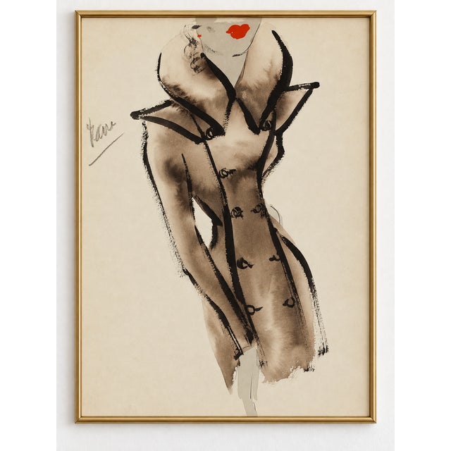 A sculptural brown coat with a dramatic standing collar brings vintage glamour to this French fashion illustration art...