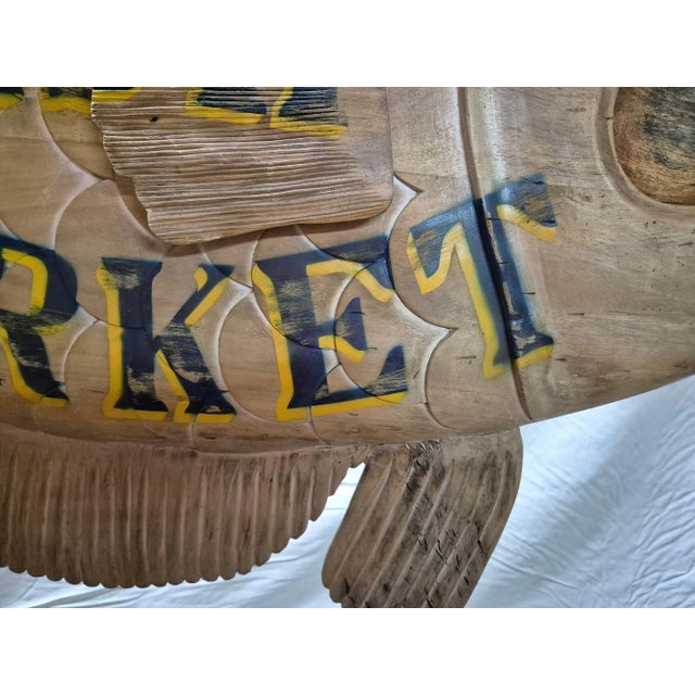 Carved flounder trade sign with lettering for "Chatham Fish Market". Details include gills, fins, mouth, snout, eyes, etc....