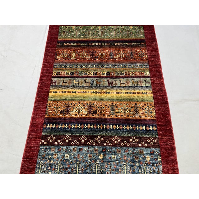 Art Deco Red Khorjin Saddlebag Design Rug With Animal Motifs, 4'2" X 6' For Sale - Image 3 of 14