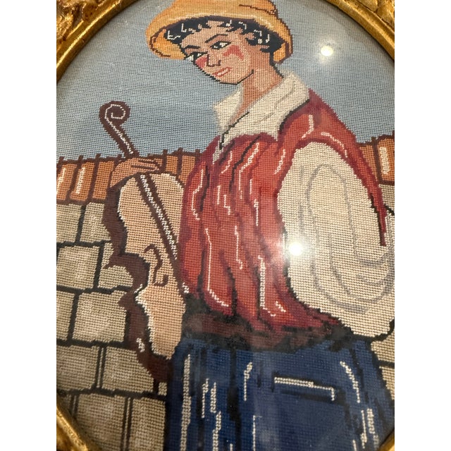 Rococo Vintage Custom Framed Needlepoint Boy/Man With Violin/Fiddle For Sale - Image 3 of 6