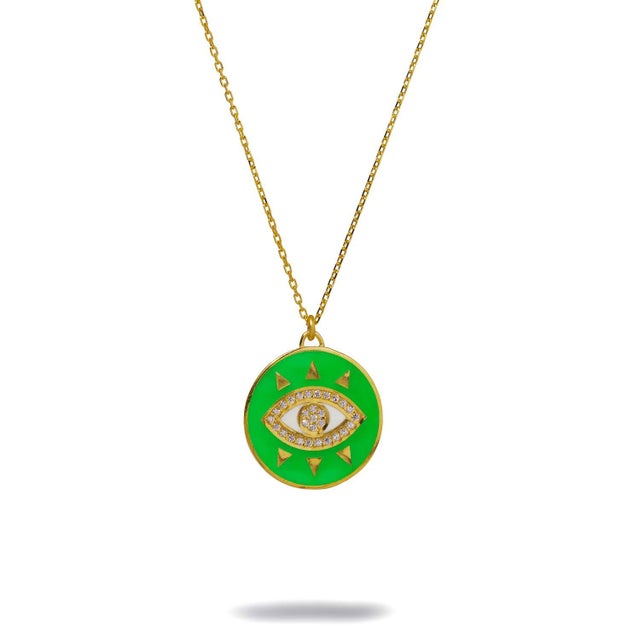 Metal Cheerful Neon Green Evil Eye & Diamond Pendant Gold Chain Necklace For Sale - Image 7 of 7