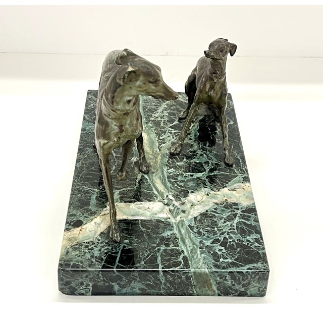Antique Greyhound Whippet Sculpture In Aged Bronze And Serpentine / Verde Marble Base $700 Striking Art Deco–inspired...