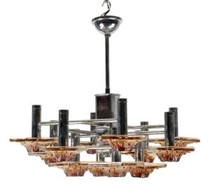 12-Light Chandelier in Amber and Clear Murano Glass and Chrome from Mazzega, Italy, 1970s