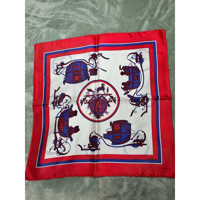 Textile Vintage Hermès Paris 100% Silk Scarf 16x16 Red Blue Carriage Equestrian For Sale - Image 7 of 8