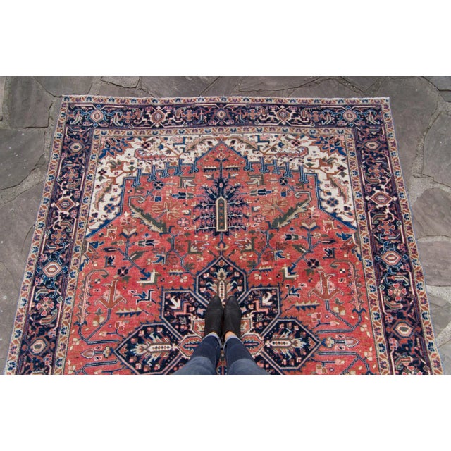 1930s Vintage Medallion Design Ink Blue Scarlet Red Low Pile Wool Hand-Knotted Rug - 7’5” X 10’7” For Sale - Image 4 of 10