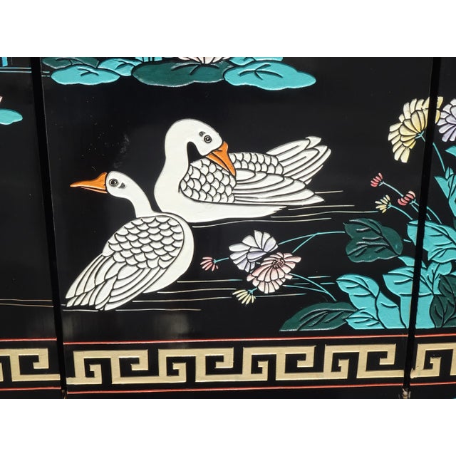 Vintage Oriental Asian Blue Coromandel Four Panel Screen Room Divider W Swans For Sale - Image 10 of 12