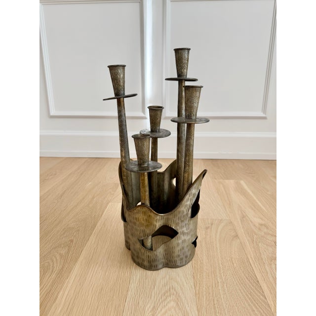 Brutalist 1970s Italian Brutalist Gilded Pewter 5-Arm Candelabra /Sculpture – Prof. Ceccherini For Sale - Image 3 of 12