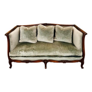 Vintage 1930's Louis XV Style Carved Sofa Upholstered in Olive Green Velvet For Sale
