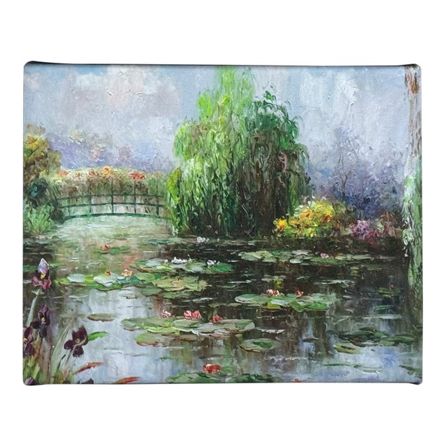 "Monet's Garden" Oil Painting on Canvas in Gold Tone Metal Leaf Frame For Sale