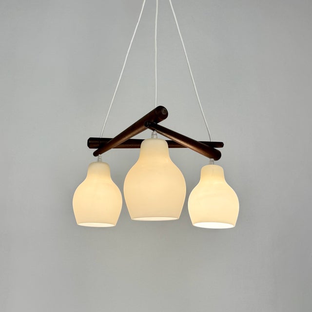 Mid-Century Modern Mid-Century Modern Scandinavian Triangular Teak & White Glass Pendant Light, 1960s For Sale - Image 3 of 10