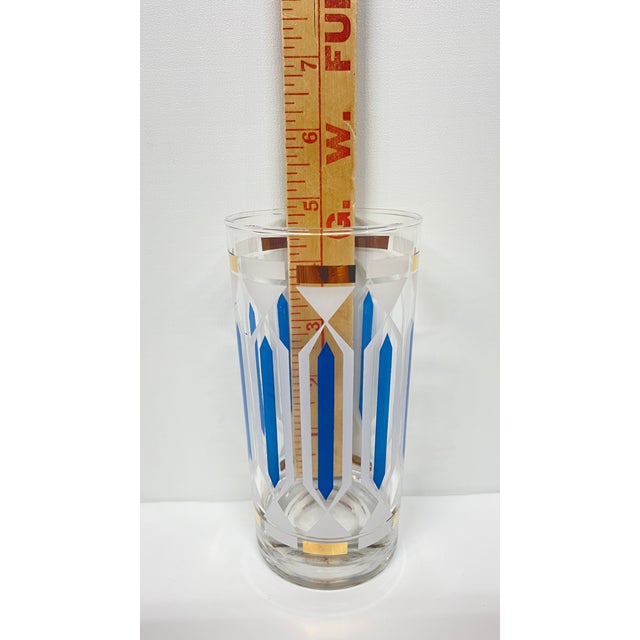 Vintage Mid Century Modern Highball Cocktail Glasses Blue Gold Frosted White - Set of 7 For Sale In Denver - Image 6 of 6