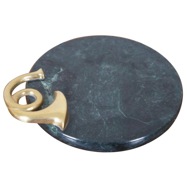 Mid-Century Modern Vintage Green Marble Brass French Horn Cheese Plate Serving Tray For Sale - Image 3 of 12