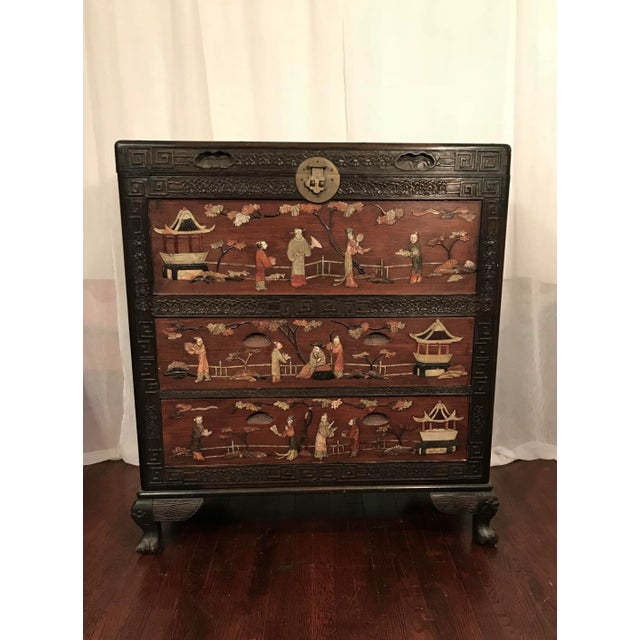 1900s Antique Chinese Inlaid Stone Camphor Wood Chest of Drawers For Sale - Image 4 of 12
