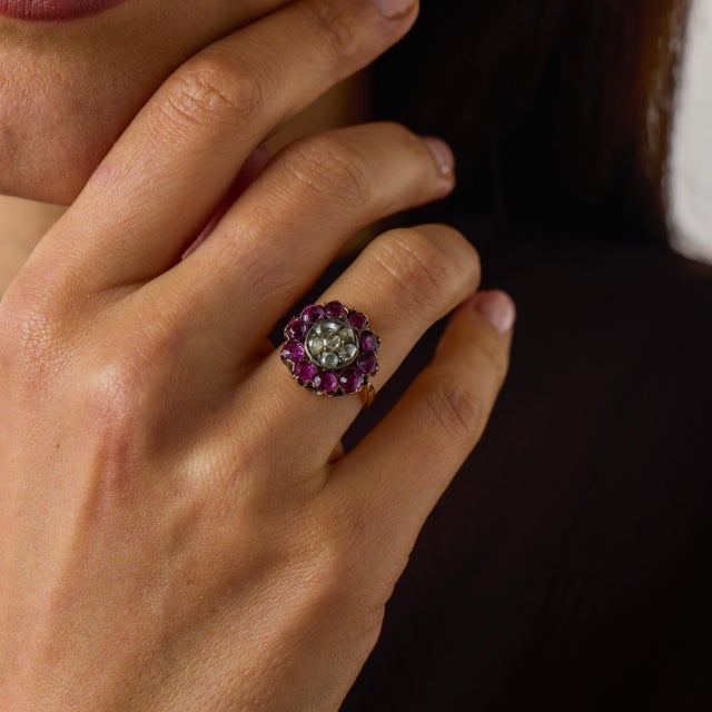 Early 20th Century Early 20th Century Victorian Rose Cut Diamond Ruby Rose Gold Silver Ring, Size 5 For Sale - Image 5 of 6