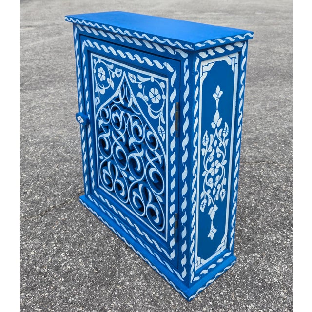 Moroccan Hand Painted Mediterranean Medicine Cabinet / Wall Shelf / Royal Blue and White Zouak For Sale - Image 3 of 7