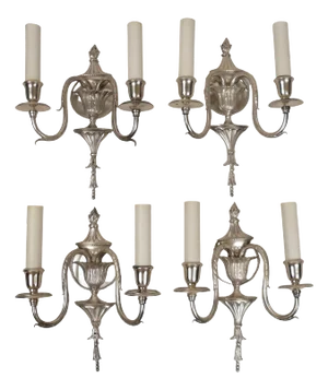 Set of Four Signed E. F. Caldwell Adam Style Silvered Bronze Sconces