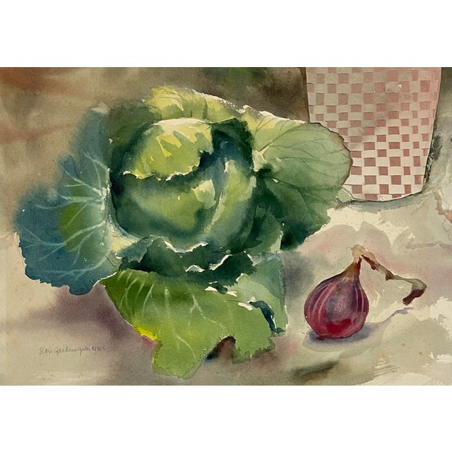 Watercolor with collage by Charlottesville, VA artist Eloise Gardiner Giles (1922-2019) of vegetables. Collaged upper left...