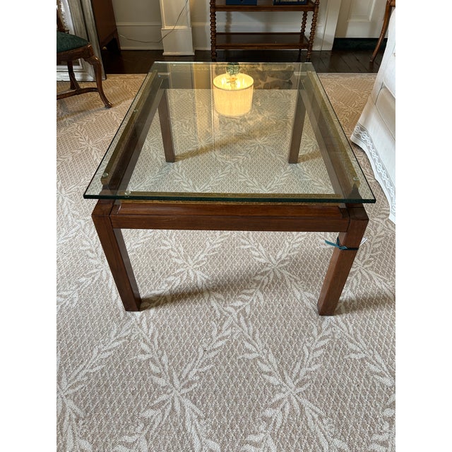 Image showcasing Wood & Brass Coffee Table With Floating Glass Top | Chairish
