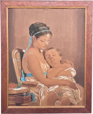 L. Dégardin, The Mother and Child, Watercolor, Framed