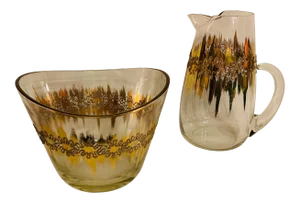 Mid-Century Dorothy Thorpe Gold “Atomic Splash” Ice Bucket/Bottle Chiller & Pitcher Set- 2 Pieces