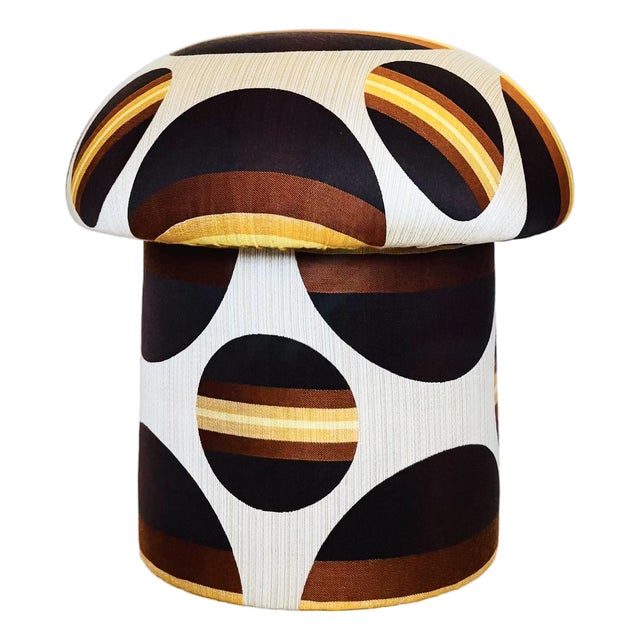 Mushroom Ottoman in Mid Century Vintage Fabric - Brown and Yellow Circles For Sale