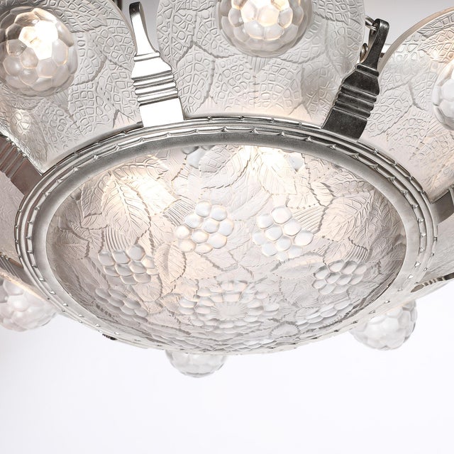 Art Deco 1930s Art Deco Frosted Glass Chandelier With Stylized Cubist Floral Motif For Sale - Image 3 of 18