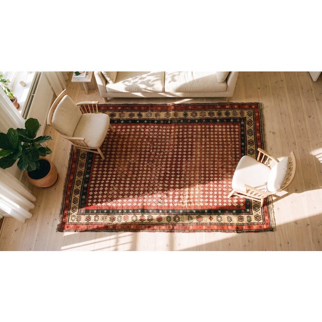 Red 1880s Red Checkerboard W. Antique Persian Kurdish Rug 3'9"x6'10" Handknotted Wool Carpet For Sale - Image 8 of 9