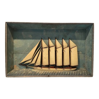 Large Antique Folk Art Carved Wood 5-Masted Schooner Diorama For Sale