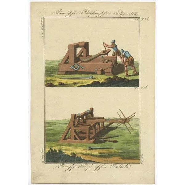 Untitled print of a Roman catapult and ballista. This print originates from 'Historical Picture of the Costumes of the...