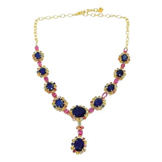 Bochic "Capri" Blue Multi Sapphire & Ruby Necklace Set 18K Gold & Silver For Sale