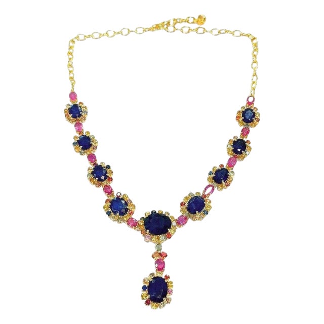Bochic "Capri" Blue Multi Sapphire & Ruby Necklace Set 18K Gold & Silver For Sale