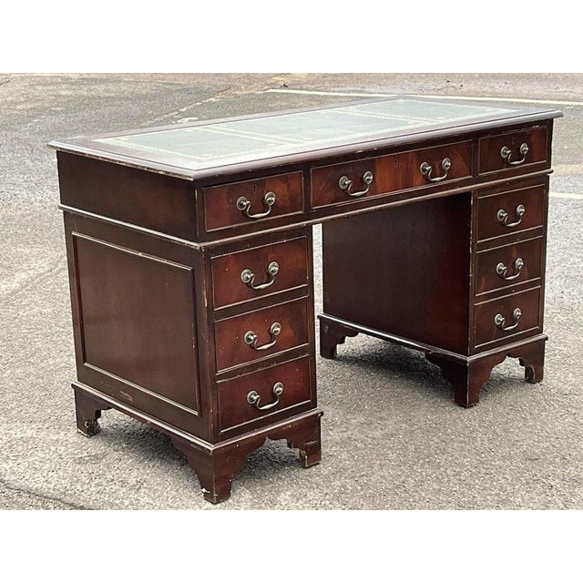 Pedestal Desk in Flame Veneer Mahogany with Green Leather Top For Sale - Image 11 of 13
