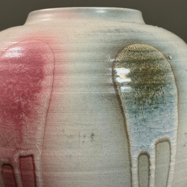 1970s Vintage Japanese Postmodern Vase With Green/Blue and Red Crackle Glaze Detail, Signed For Sale - Image 5 of 6