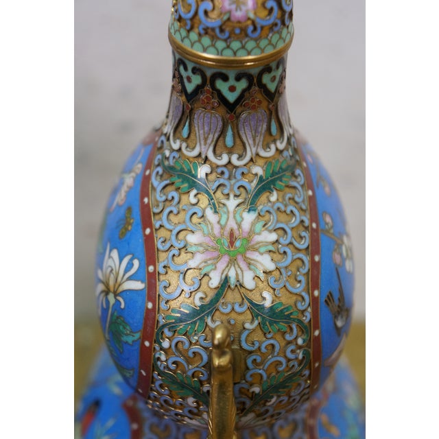 Turquoise Antique Chinese Champleve Cloisonne Double Gourd Turquoise Mantel Vases Urns 12" For Sale - Image 8 of 17