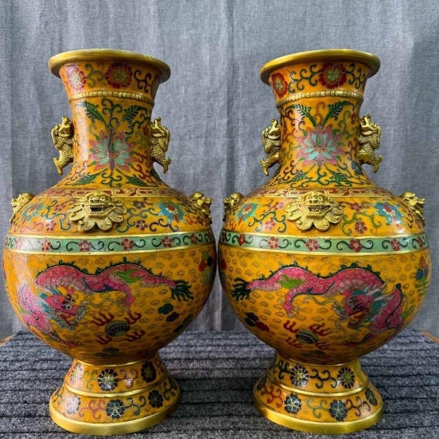 Mid 20th Century Monumental Pair of Yellow Cloisonné Enamel Dragon Vases For Sale - Image 4 of 6