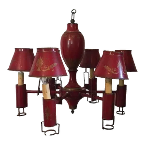 French Empire Directoire Red Tole 6 Light Chandelier