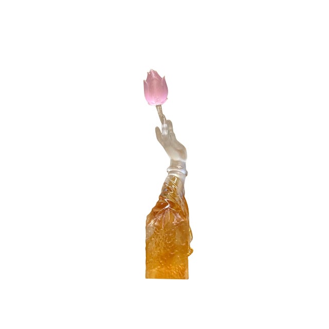 Asian Crystal Glass Buddha Hand Pink Lotus Display Art Figure For Sale - Image 4 of 5