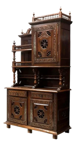 1800's Antique, Breton Display, Spindle, Carved, Foliate Cupboard