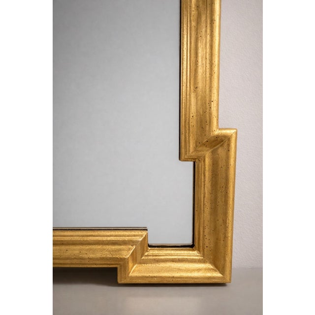 French Provincial 1980s Italian Gold Leaf Arched Mirror Stepped Profile Scroll Corners For Sale - Image 3 of 7