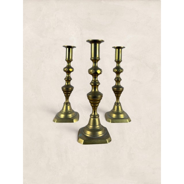 Late 19th Century Antique English Victorian Brass Candlesticks, Set of Three For Sale - Image 4 of 8