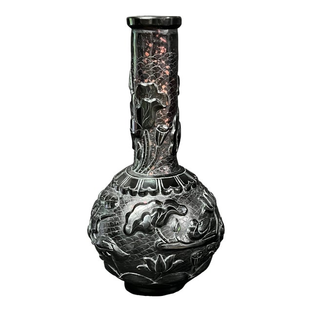 Chinese Art Dark Brown Peking Glass Overlay Bottle Neck Vase With Bird and Floral Design For Sale