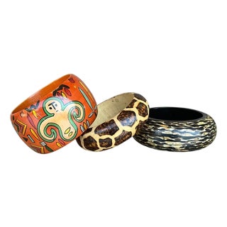Vintage Wooden African Inspired Bangles - Set of 3 For Sale